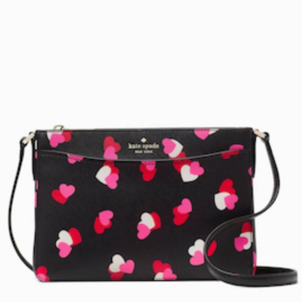 NEW Kate Spade Rory Leather Crossbody in Black with Pink, Red & White Hearts